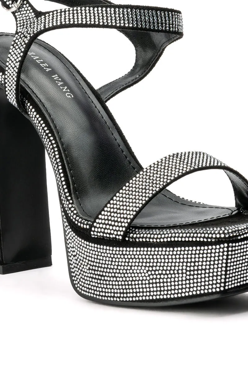 AZALEA WANG CHANTEL RHINESTONE PLATFORM CHUNKY SANDAL IN BLACK