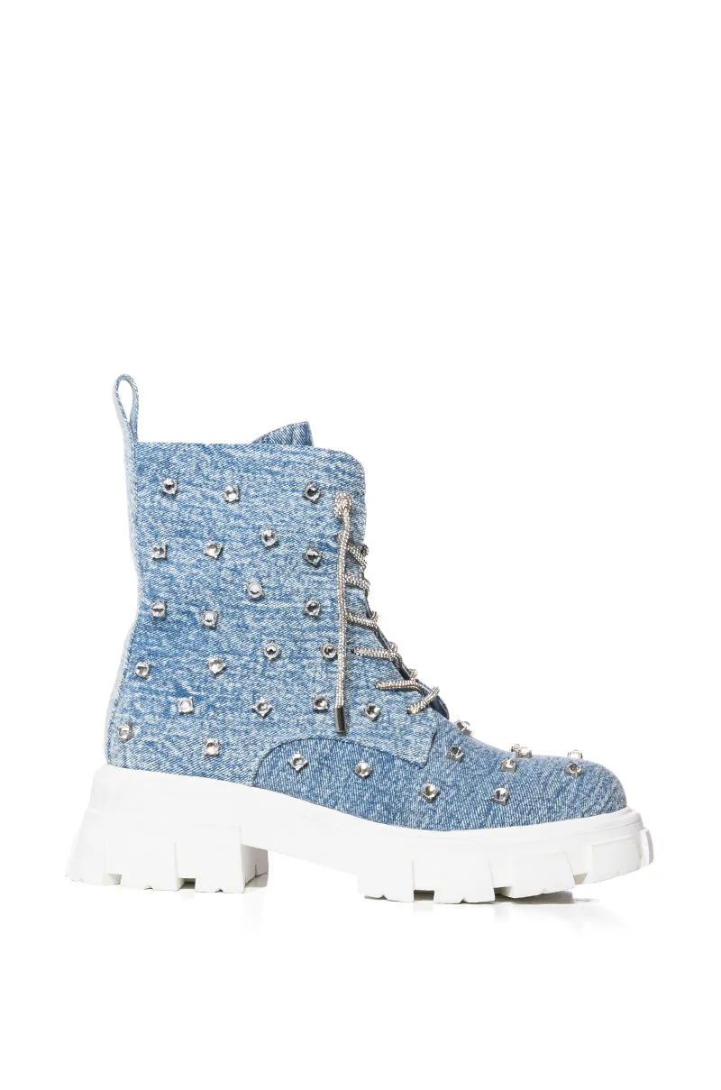 AZALEA WANG GET WHAT SHE LIKE EMBELLISHED BOOTIE IN DENIM