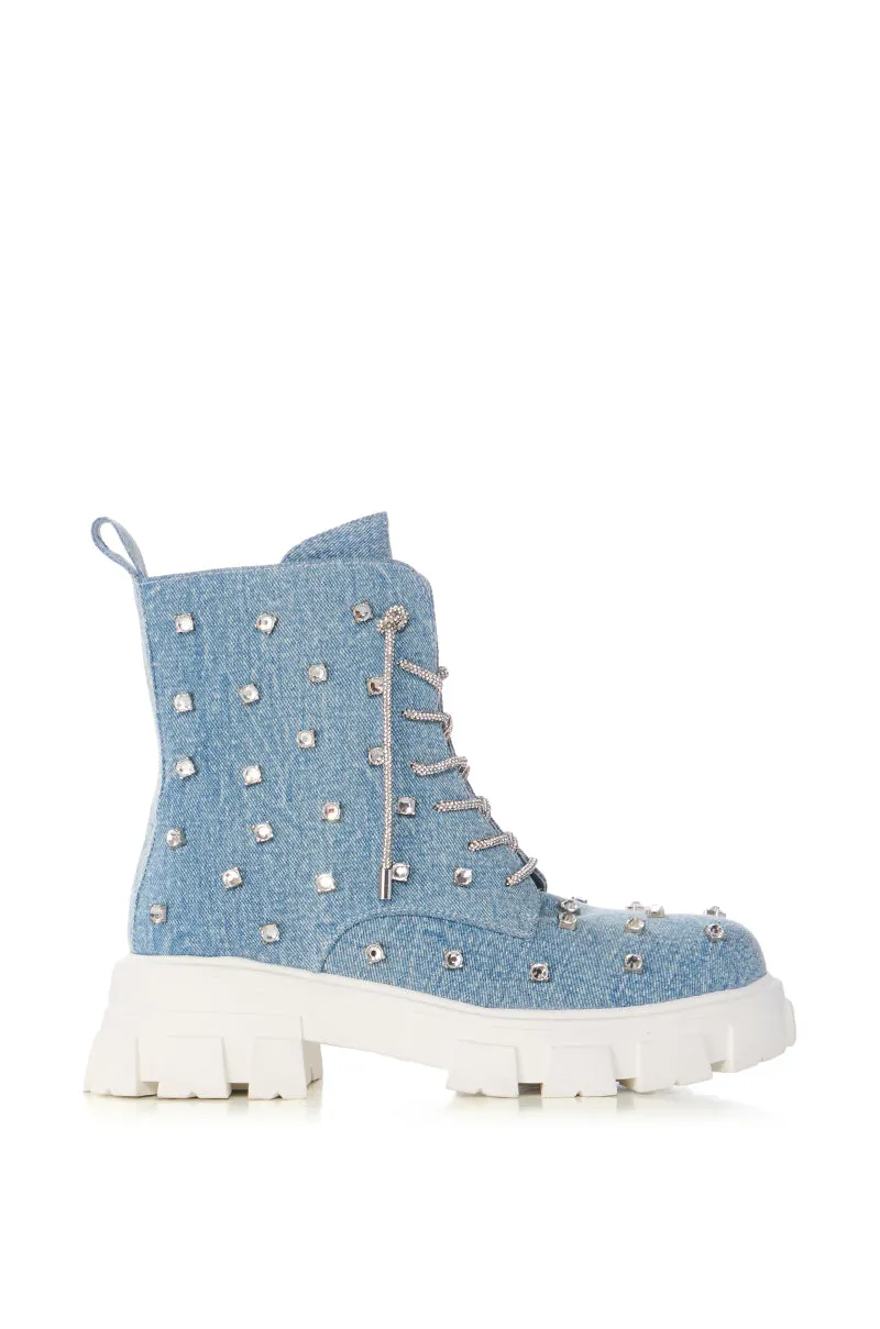 AZALEA WANG GET WHAT SHE LIKE EMBELLISHED BOOTIE IN DENIM