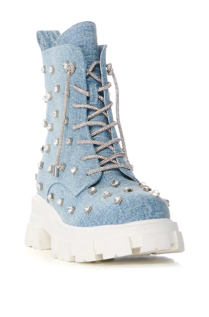 AZALEA WANG GET WHAT SHE LIKE EMBELLISHED BOOTIE IN DENIM