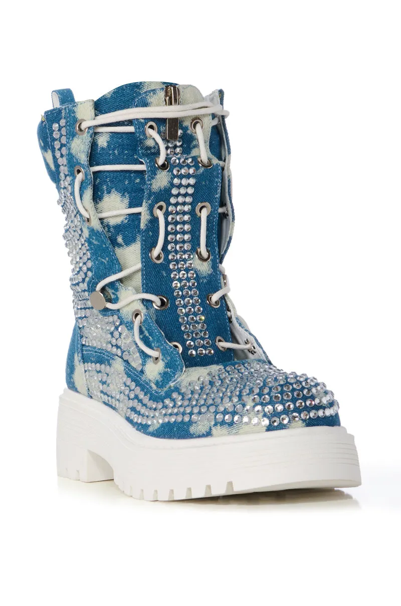 AZALEA WANG HARLYN DENIM AND DIAMONDS COMBAT BOOTIE