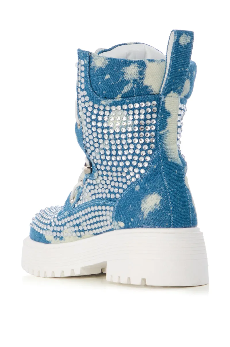 AZALEA WANG HARLYN DENIM AND DIAMONDS COMBAT BOOTIE