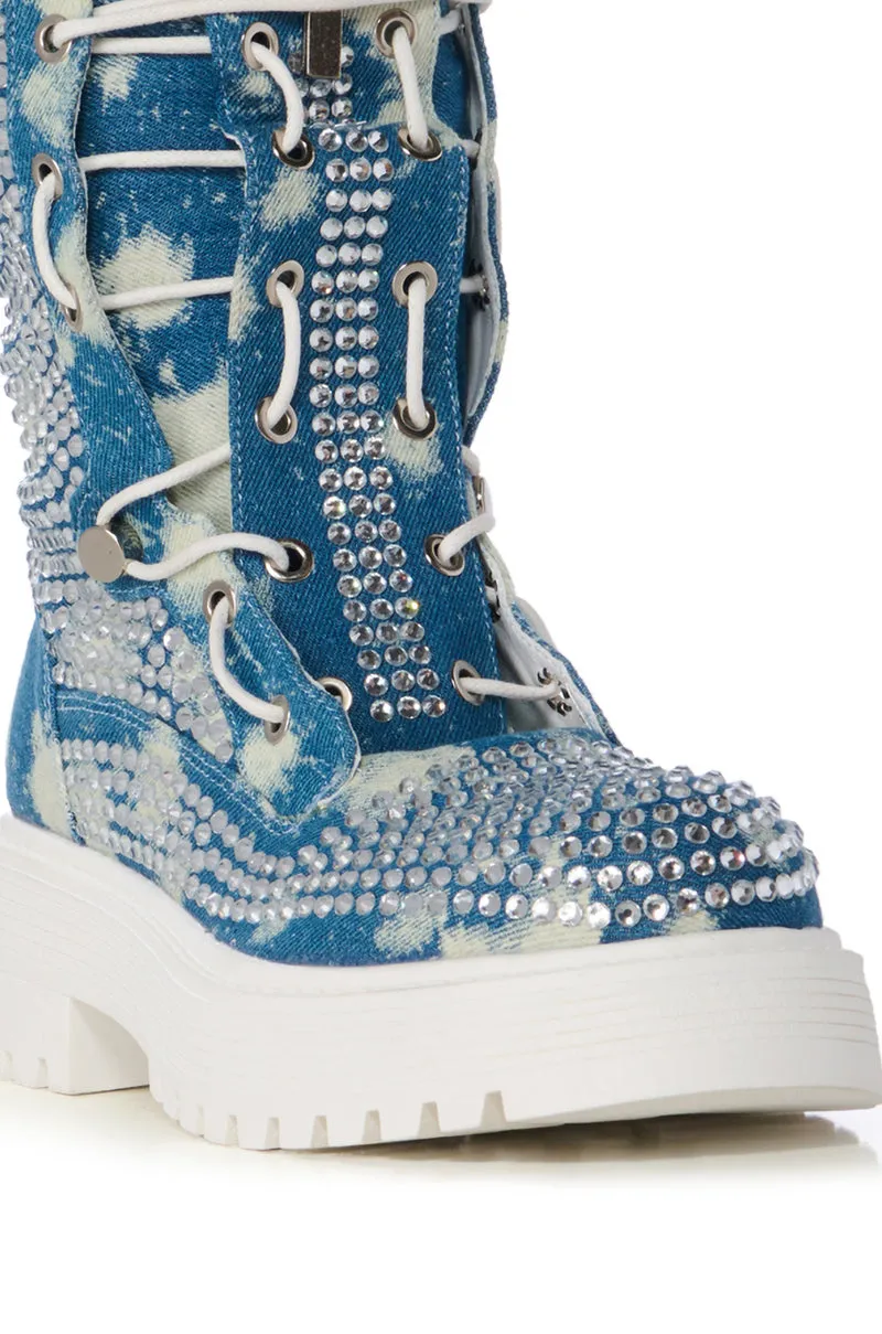 AZALEA WANG HARLYN DENIM AND DIAMONDS COMBAT BOOTIE