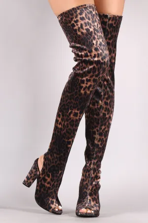 Bamboo Leopard Velvet Peep Toe Chunky Heeled Over-The-Knee Boots