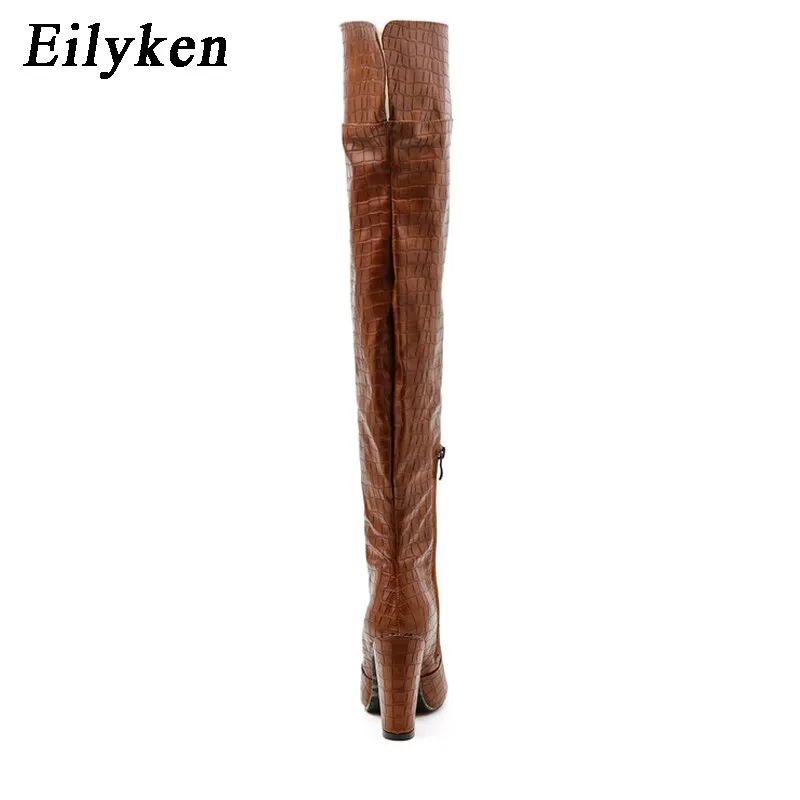 Eilyken 2023 New Style Women Chunky High Heel Boots Designer Shoes Microfiber Leather Long Booties Over-the-Knee Botas De Mujer