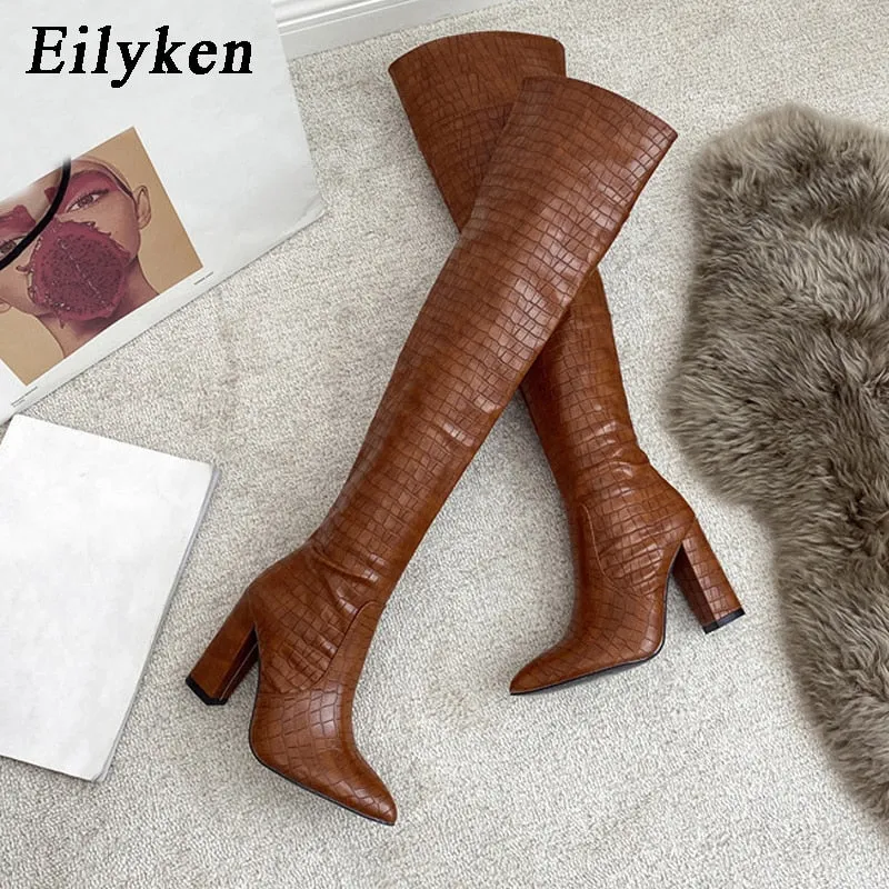 Eilyken 2023 New Style Women Chunky High Heel Boots Designer Shoes Microfiber Leather Long Booties Over-the-Knee Botas De Mujer