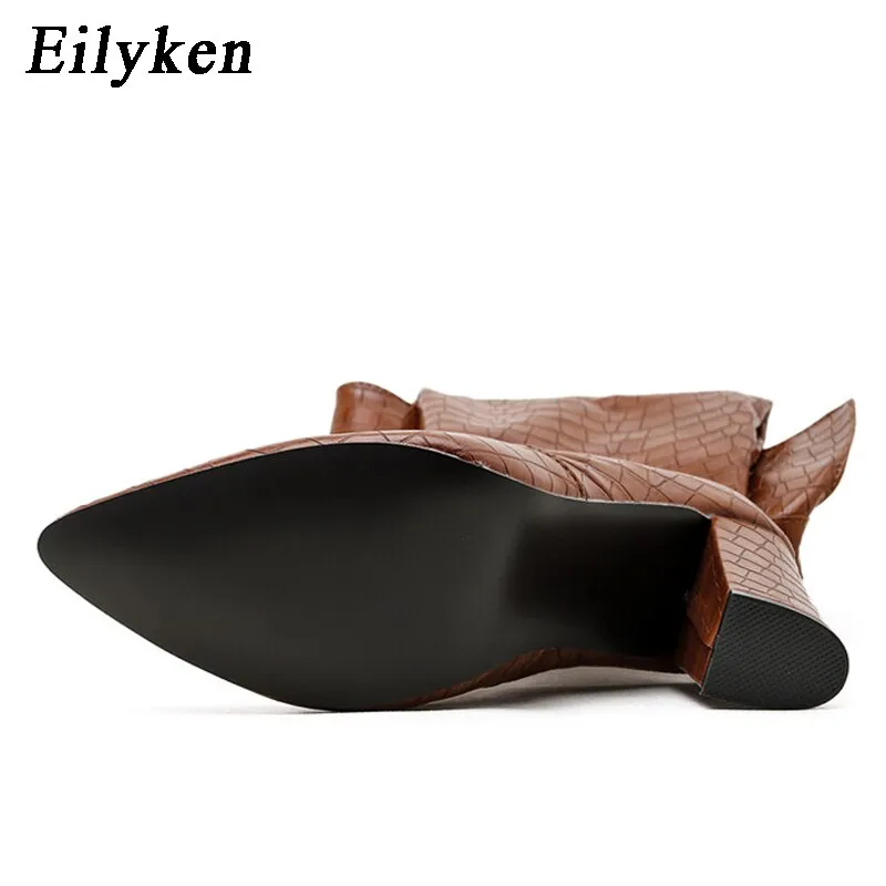 Eilyken 2023 New Style Women Chunky High Heel Boots Designer Shoes Microfiber Leather Long Booties Over-the-Knee Botas De Mujer