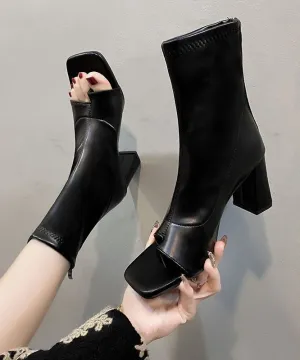 Faux Leather Boots Splicing Peep Toe Ankle Boots LY4327