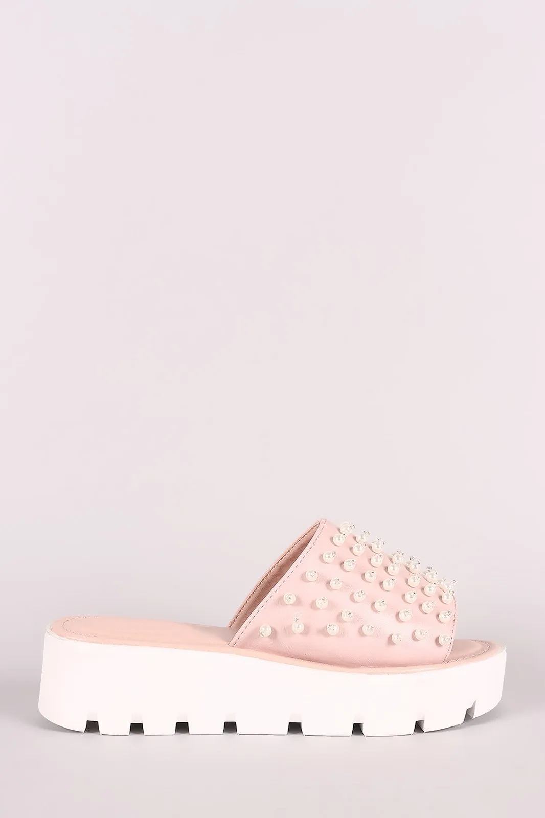 Faux Pearl Embellished Lug Sole Slide Flatform Wedge