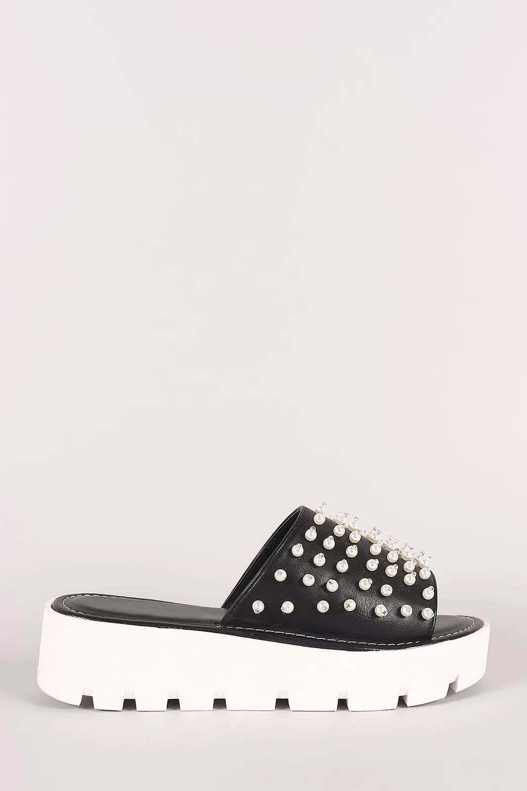 Faux Pearl Embellished Lug Sole Slide Flatform Wedge