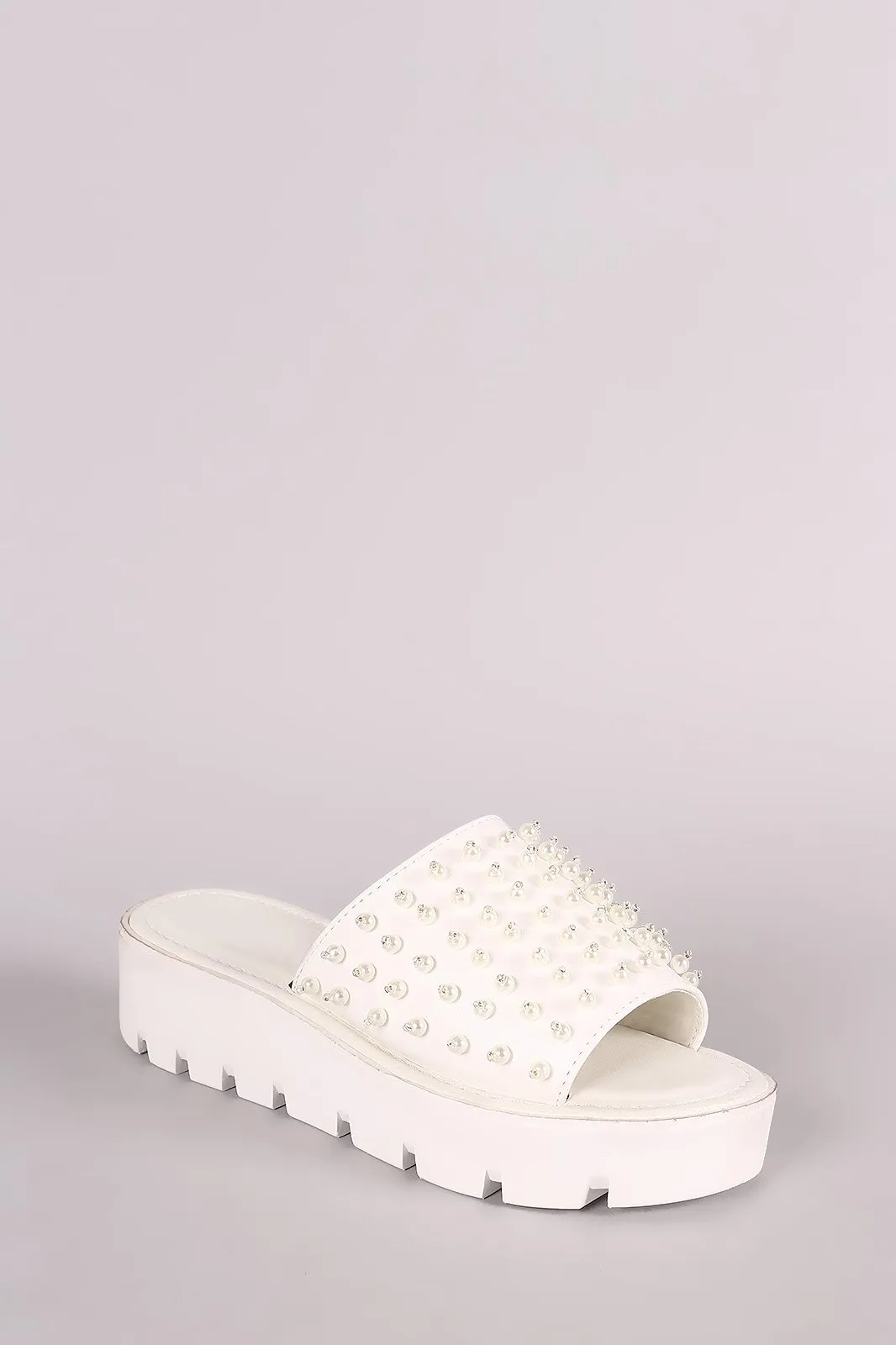 Faux Pearl Embellished Lug Sole Slide Flatform Wedge