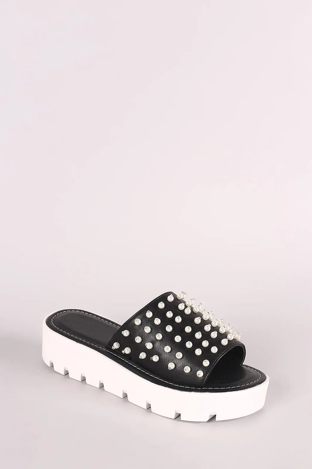 Faux Pearl Embellished Lug Sole Slide Flatform Wedge