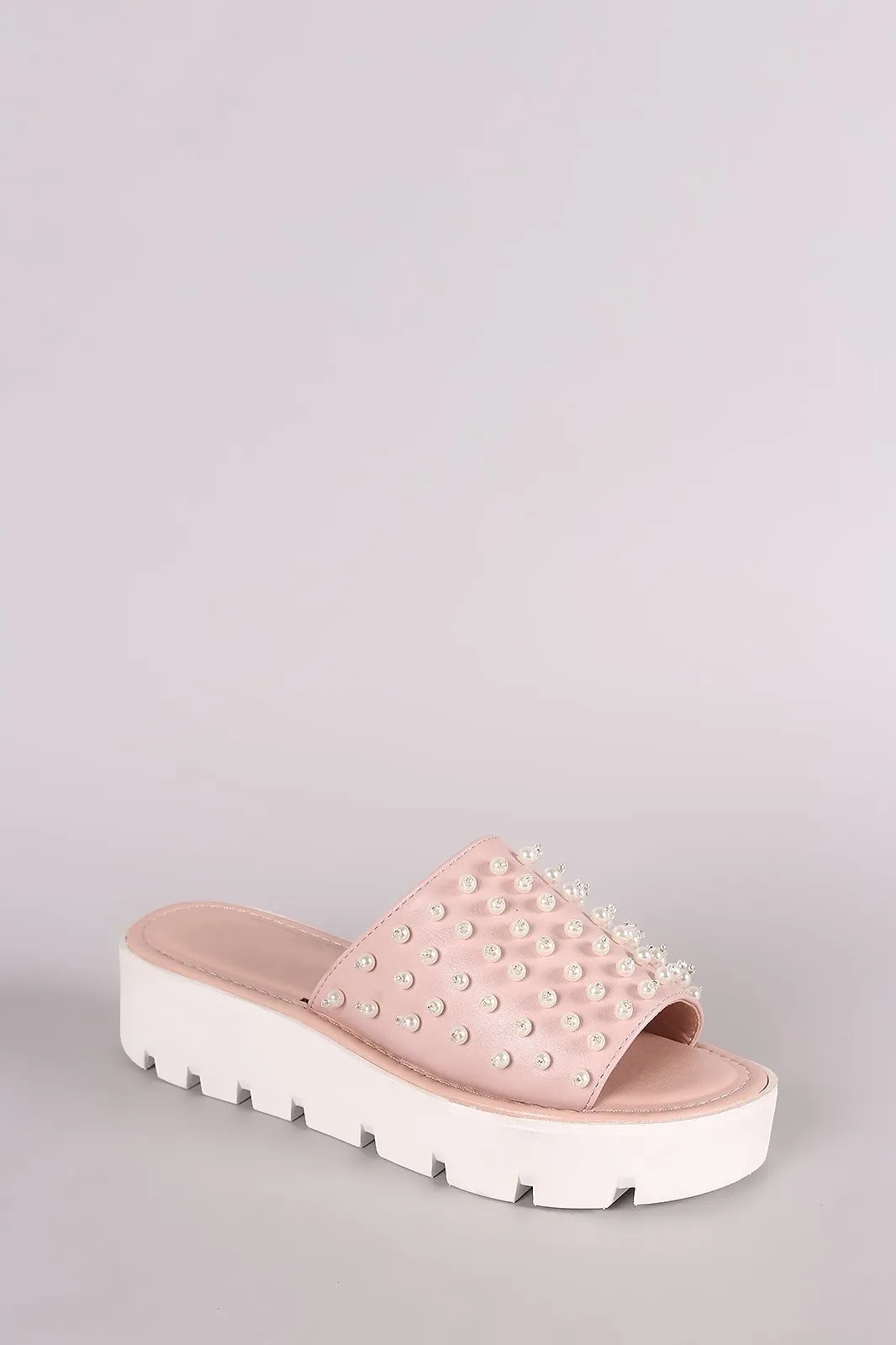 Faux Pearl Embellished Lug Sole Slide Flatform Wedge