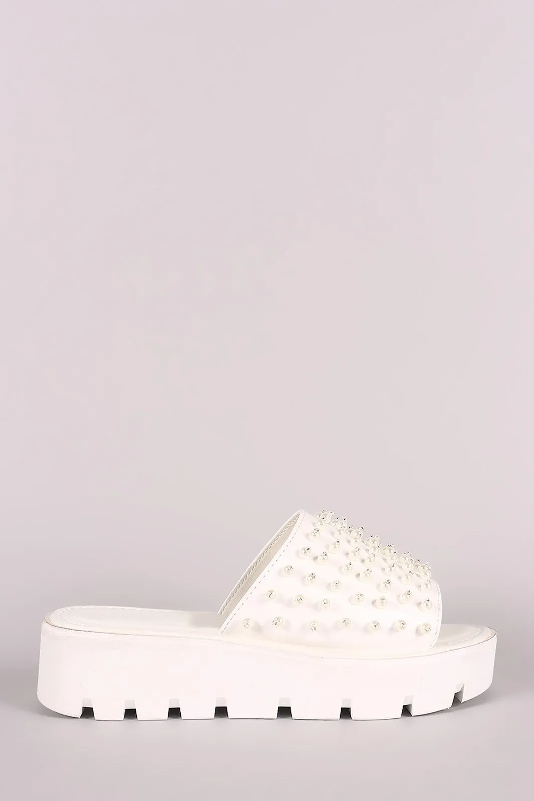 Faux Pearl Embellished Lug Sole Slide Flatform Wedge