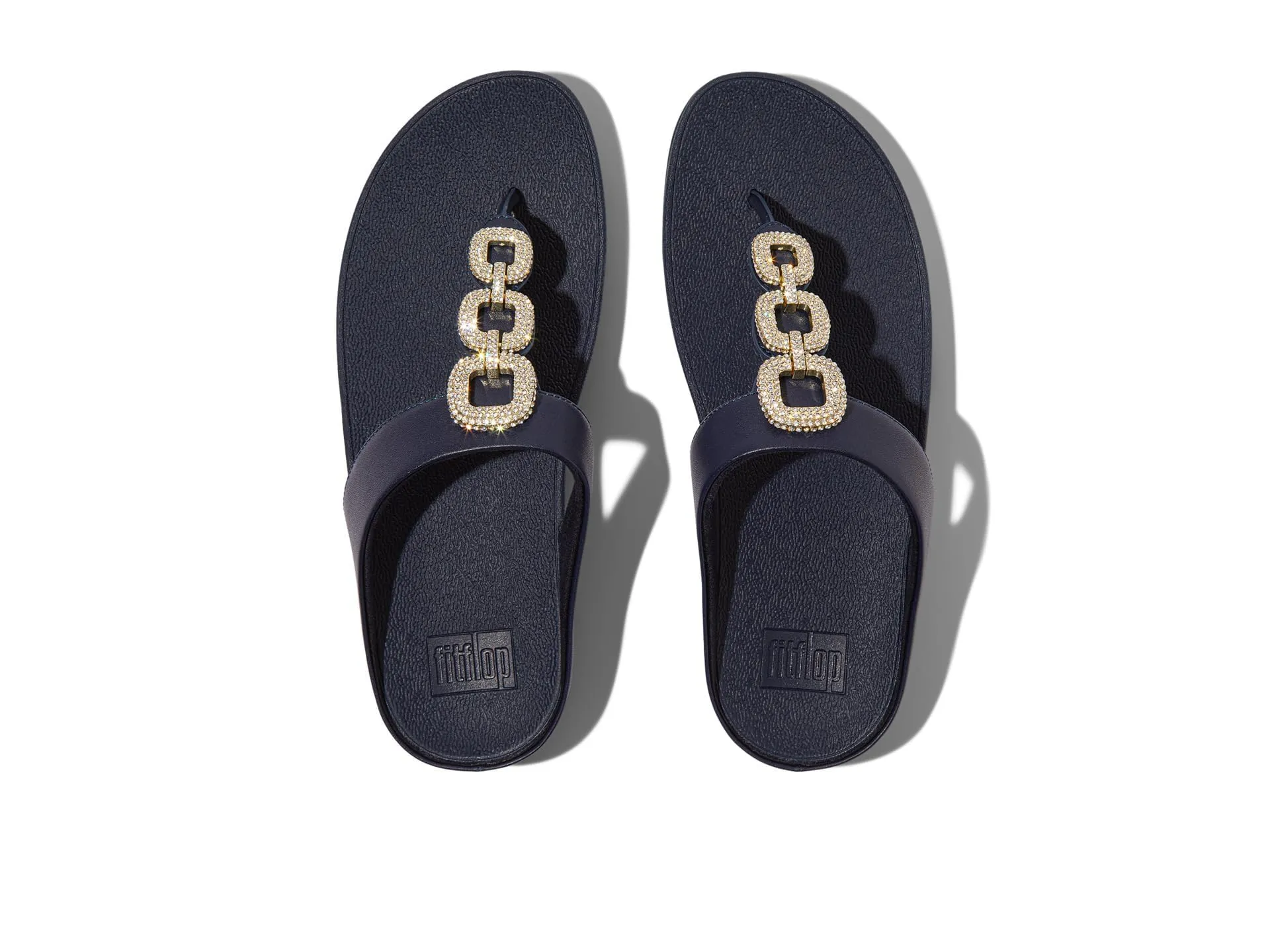 FitFlop Women's Fino Crystal-Chain Leather Toe-Post Sandals Wedge, Midnight Navy