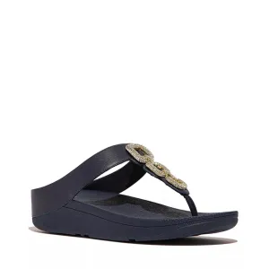 FitFlop Women's Fino Crystal-Chain Leather Toe-Post Sandals Wedge, Midnight Navy