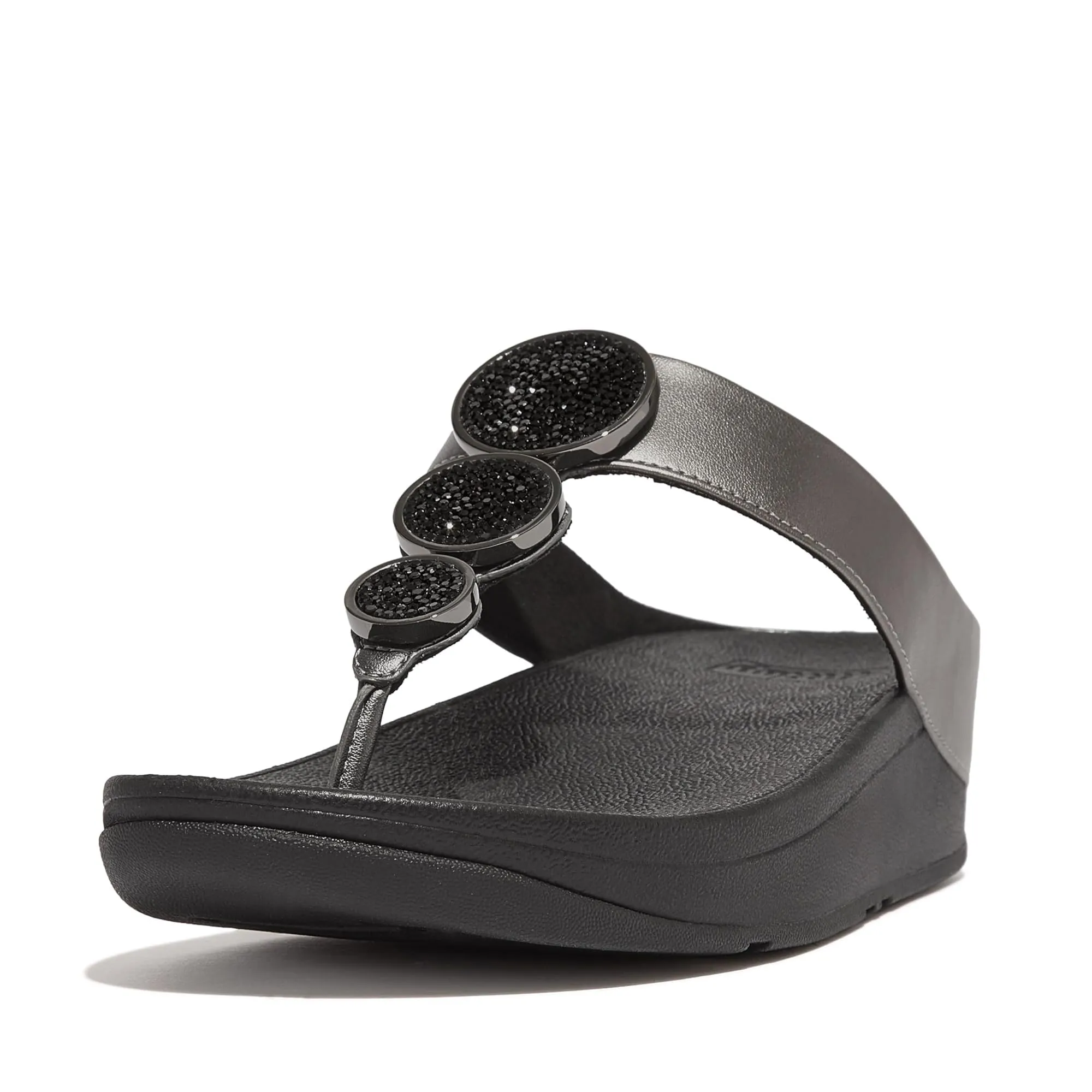 FitFlop Women's Halo Bead-Circle Metallic Toe-Post Sandals Wedge, Pewter Black