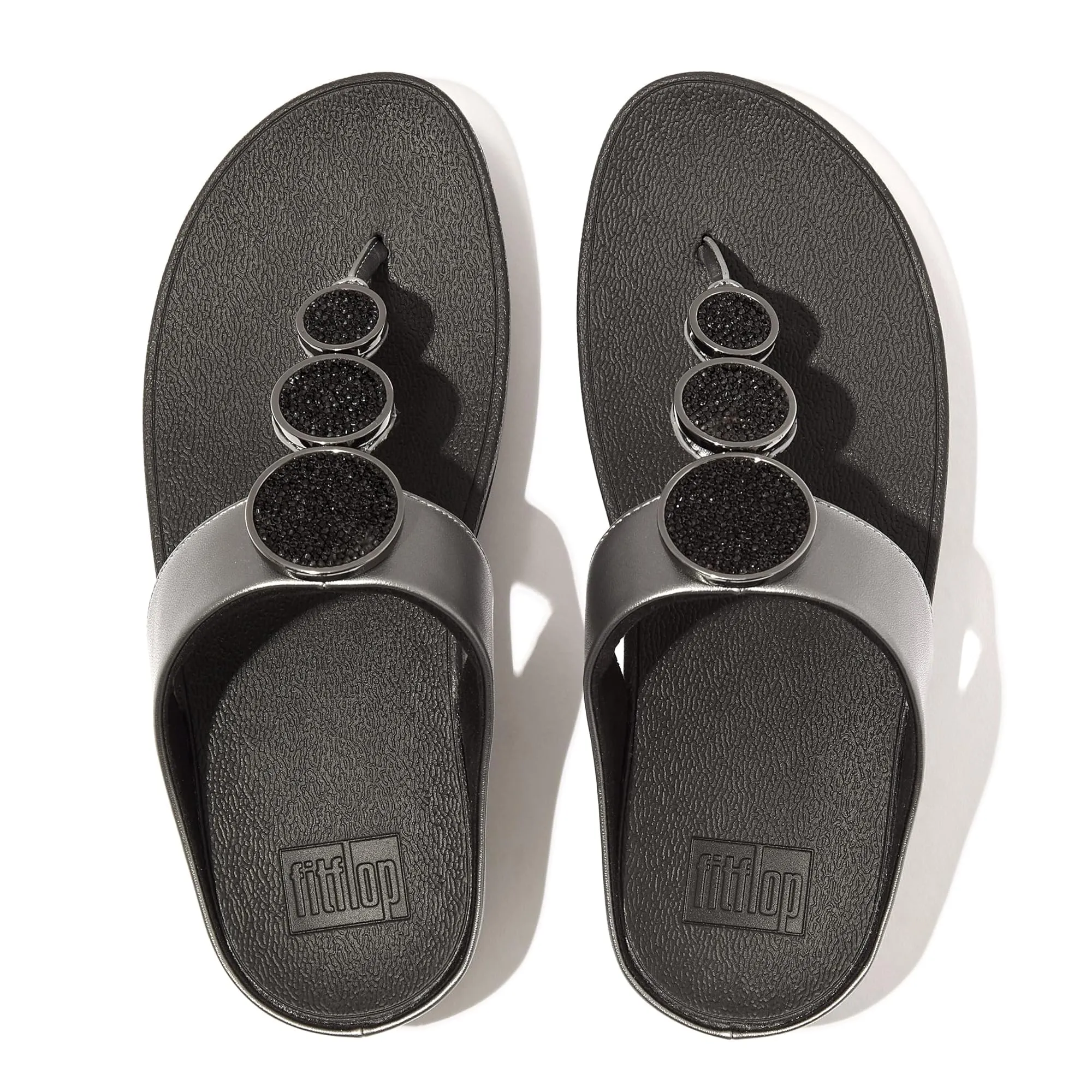 FitFlop Women's Halo Bead-Circle Metallic Toe-Post Sandals Wedge, Pewter Black