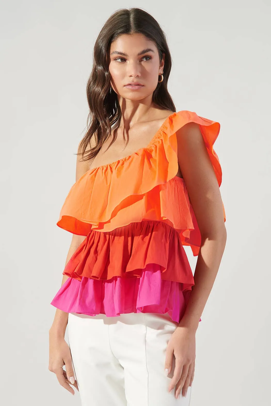 Luciana Colorblock One Shoulder Ruffle Blouse: Multi