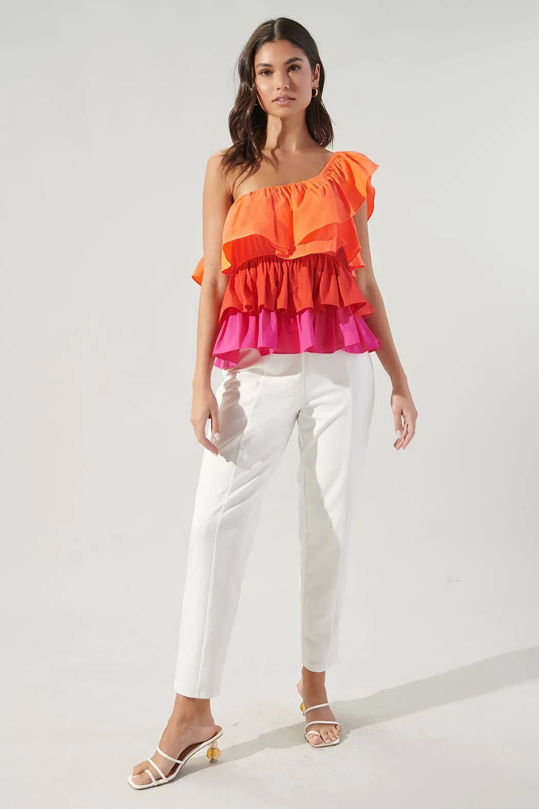 Luciana Colorblock One Shoulder Ruffle Blouse: Multi