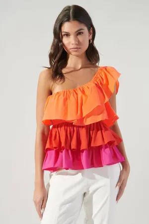 Luciana Colorblock One Shoulder Ruffle Blouse: Multi