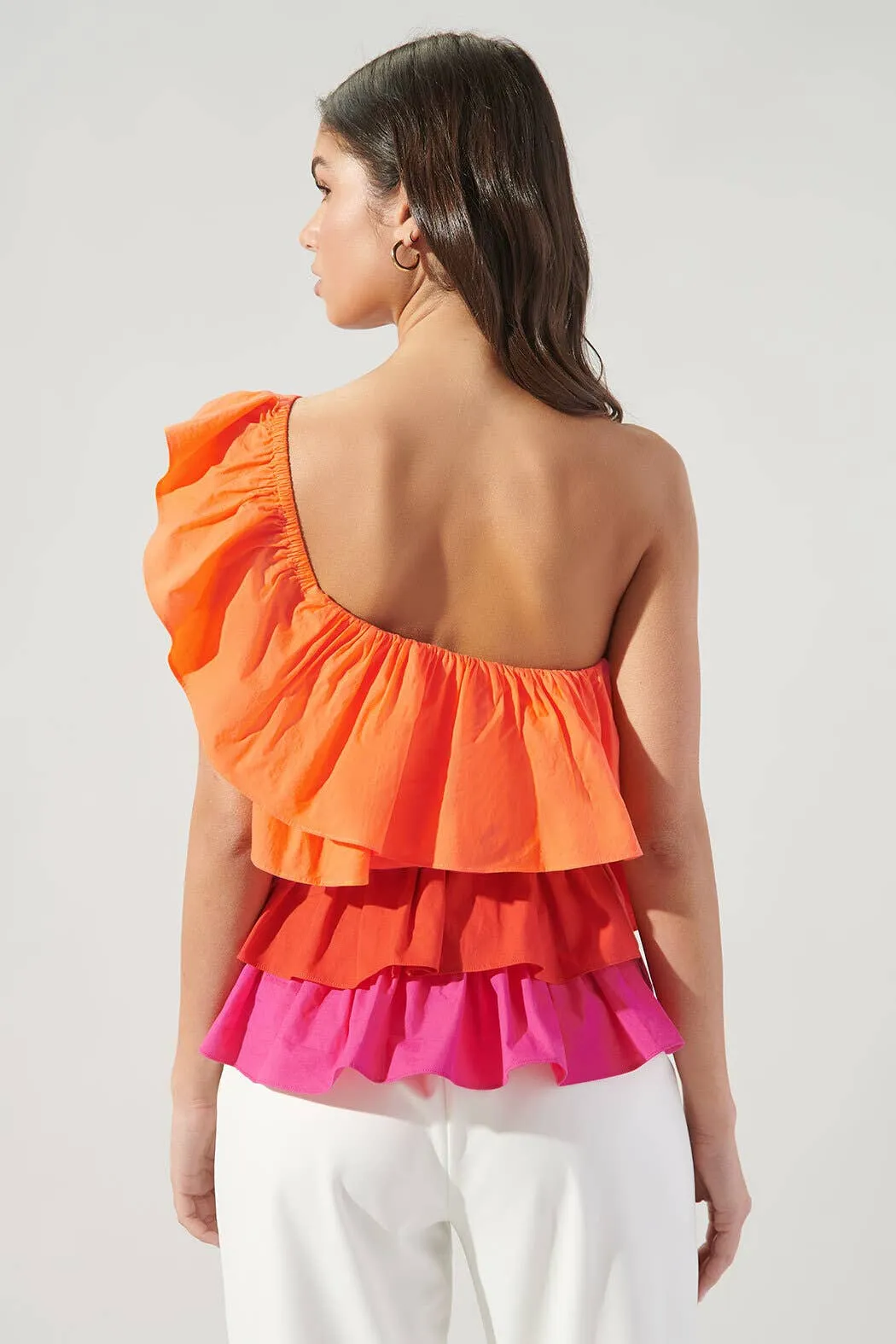 Luciana Colorblock One Shoulder Ruffle Blouse: Multi