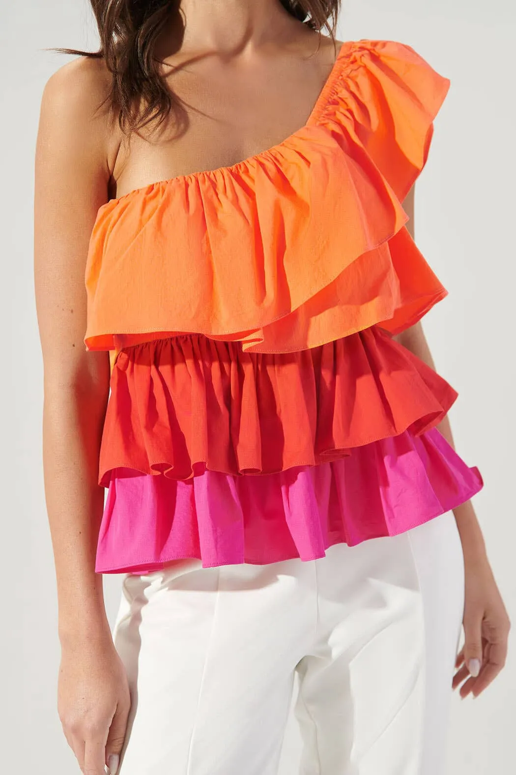 Luciana Colorblock One Shoulder Ruffle Blouse: Multi