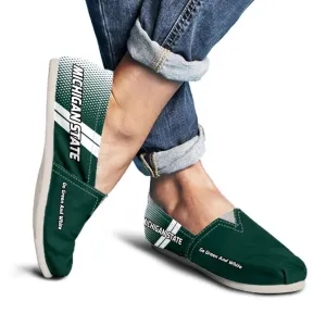 Michigan State Go Green and White Basketball Fan Casual Canvas Slip on Shoes Women's Flats