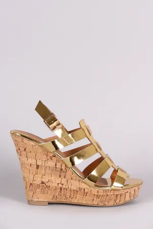 Qupid Mirror Metallic Strappy Slingback Platform Wedge