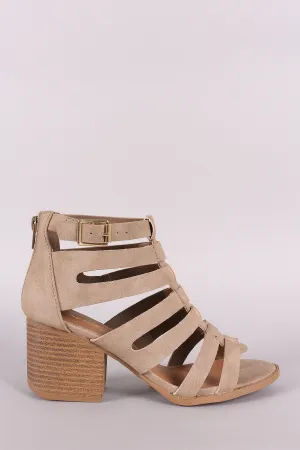 Qupid Nubuck Caged Cutout Chunky Heeled Booties