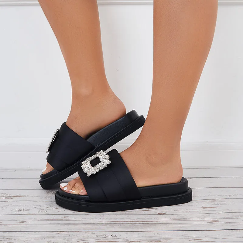 Sohiwoo  Women Black Platform Slide Sandals Shiny Buckle Thick Sole Slides