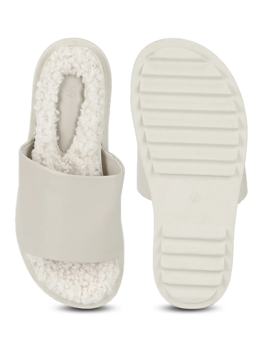 White PU Faux Fur Fuzzy Slip Ons