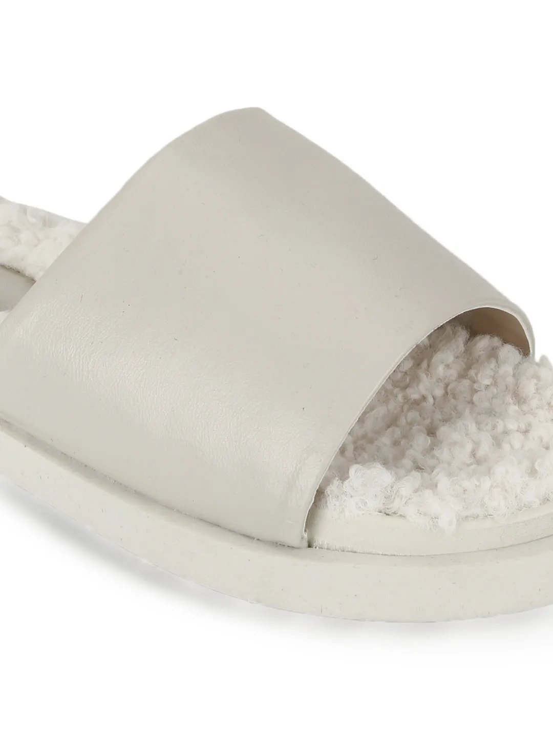 White PU Faux Fur Fuzzy Slip Ons