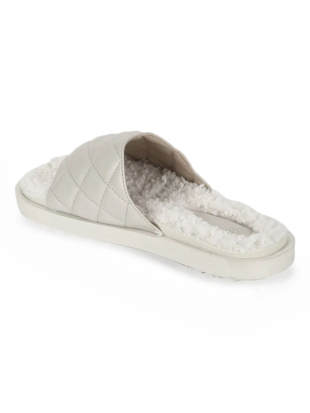 White PU Faux Fur Quilted Slip Ons (TC-RLST7-WHT)