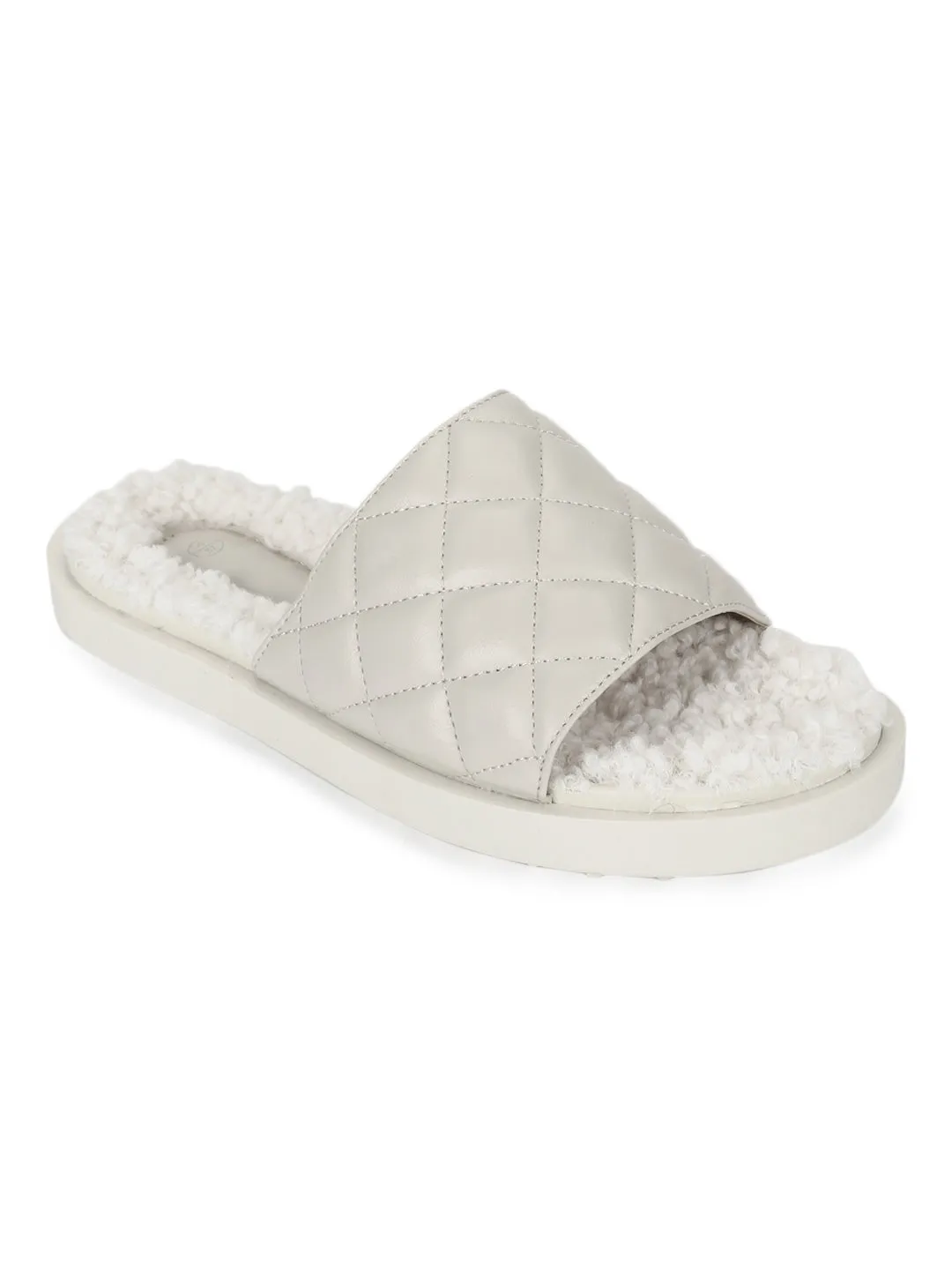 White PU Faux Fur Quilted Slip Ons (TC-RLST7-WHT)