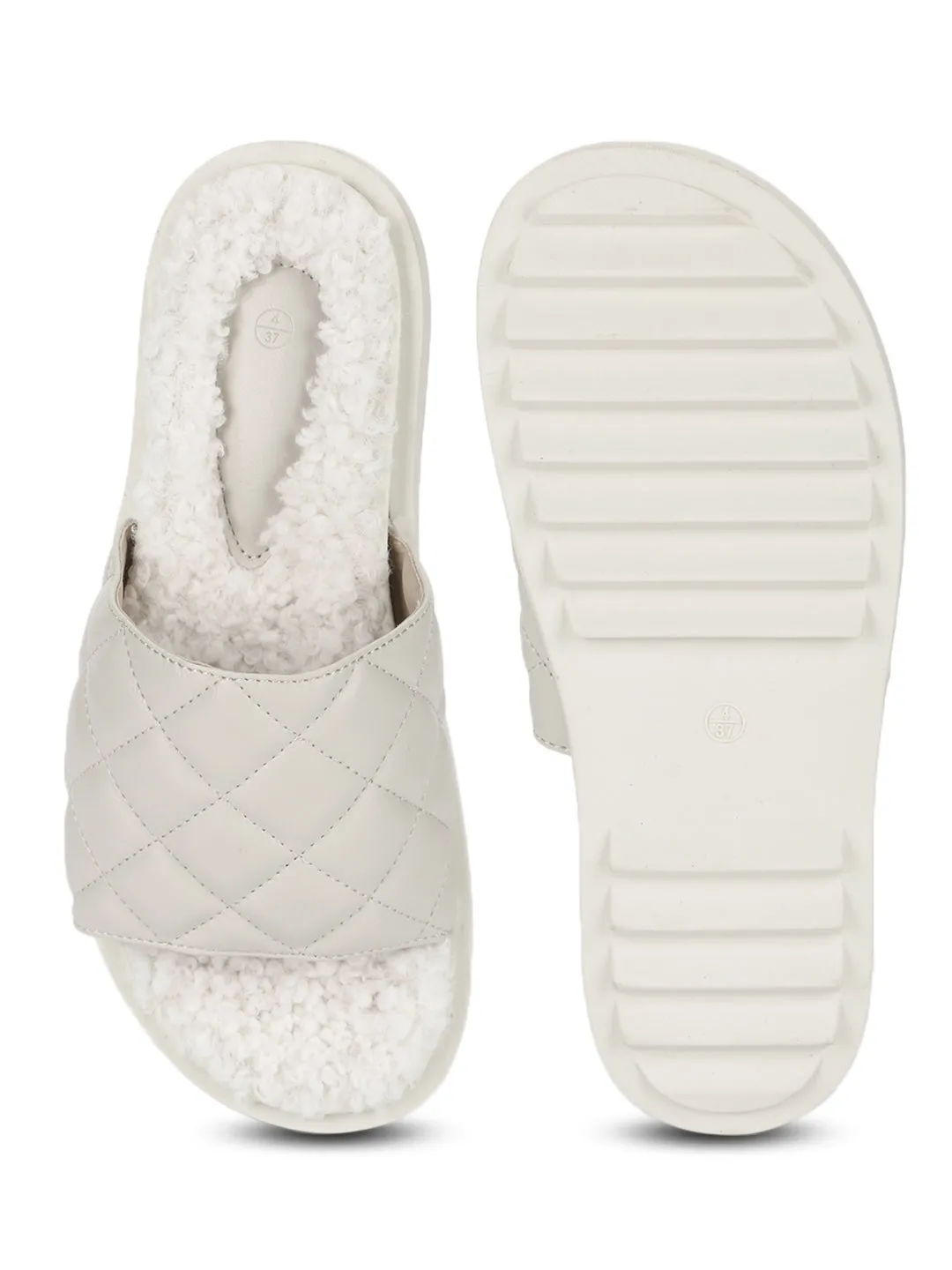 White PU Faux Fur Quilted Slip Ons