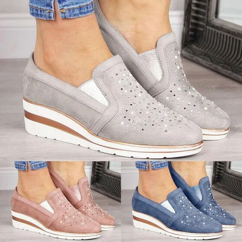 Women rhinestone breathalbe slip on wedge sneakers