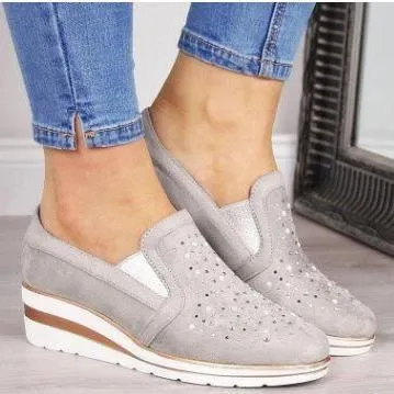 Women rhinestone breathalbe slip on wedge sneakers