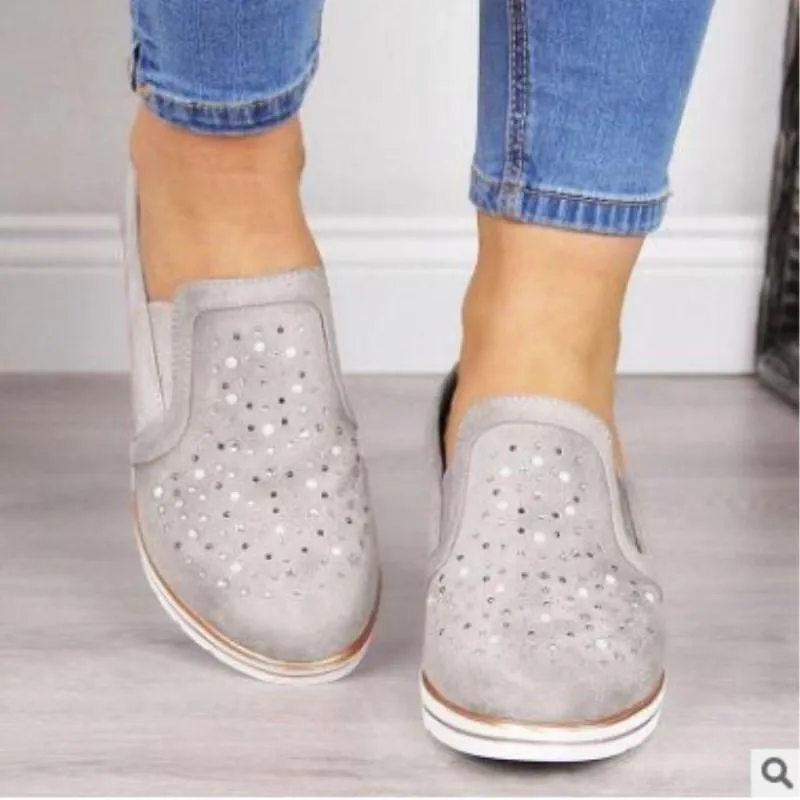 Women rhinestone breathalbe slip on wedge sneakers