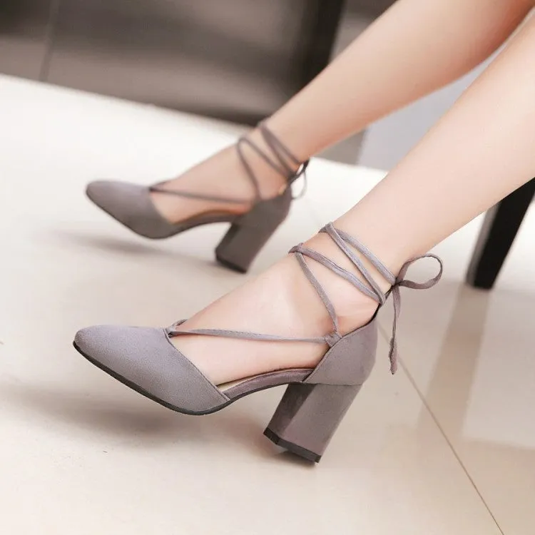 Women square closed toe side hollow strappy lace up chunky heels