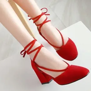 Women square closed toe side hollow strappy lace up chunky heels