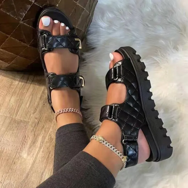 Women stitching plaid two strap magic tape chunky platform sandals