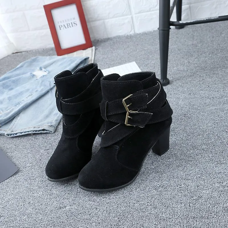 Women's block heel buckle strap ankle boots