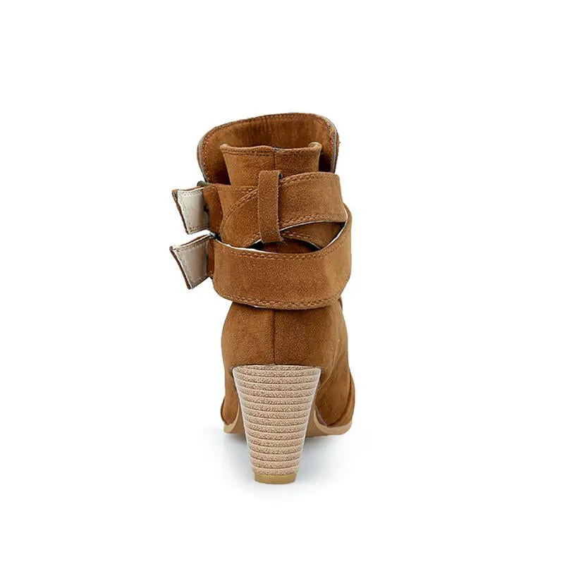 Women's block heel buckle strap ankle boots