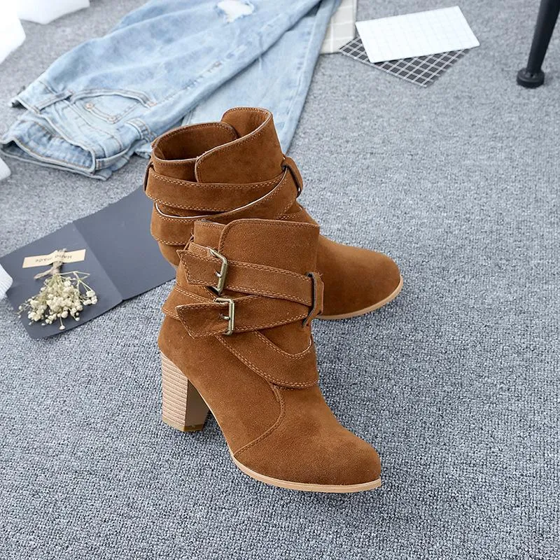 Women's block heel buckle strap ankle boots