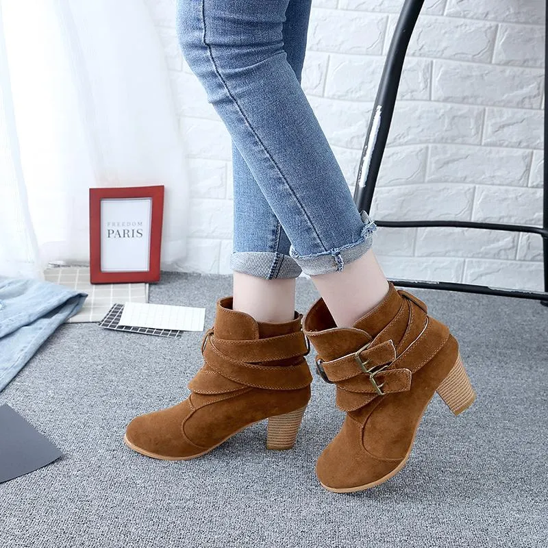 Women's block heel buckle strap ankle boots