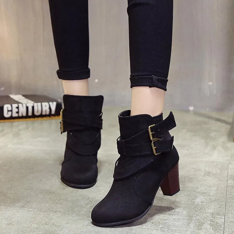 Women's block heel buckle strap ankle boots