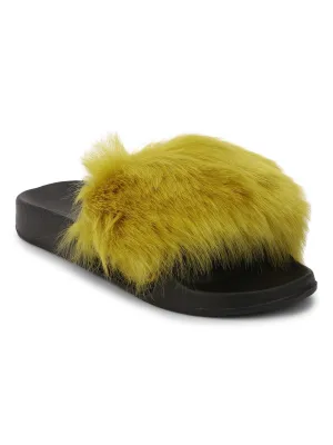 Yellow Black Fur Slip-on Flats